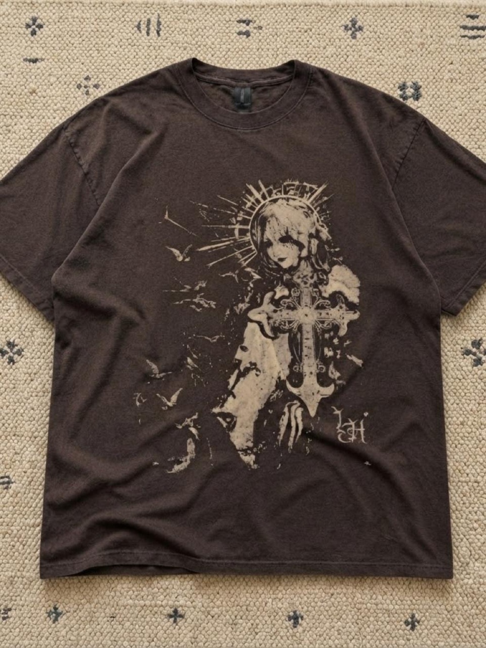 Gildan Brown Graphic Tee with Beige Religious Cross Design